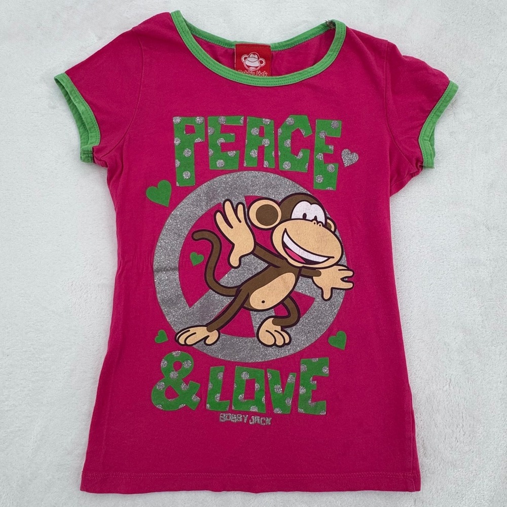 Y2K Bobby Jack Original Graphic Ringer Tee Kids M(10/12) Vtg Peace & Love Shirt